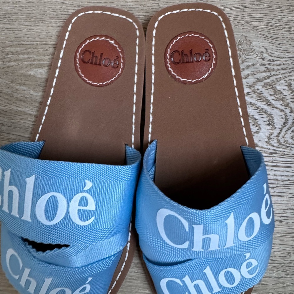 Woody Flat Logo Ribbon Slide Sandals Blue and White Size 38 (women’s 7) - Picture 3 of 4